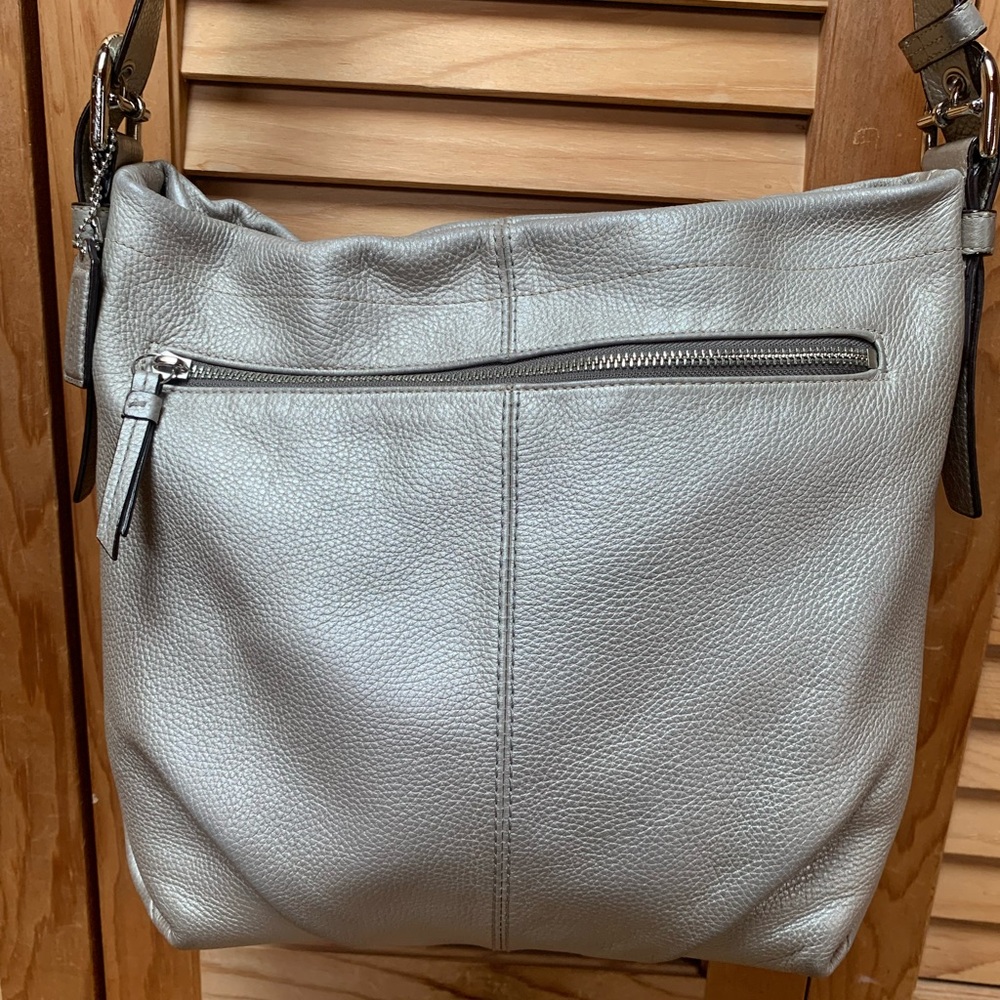 Coach F15064 Metallic Silver Pebbled Leather Duffel Hobo Shoulder Bag